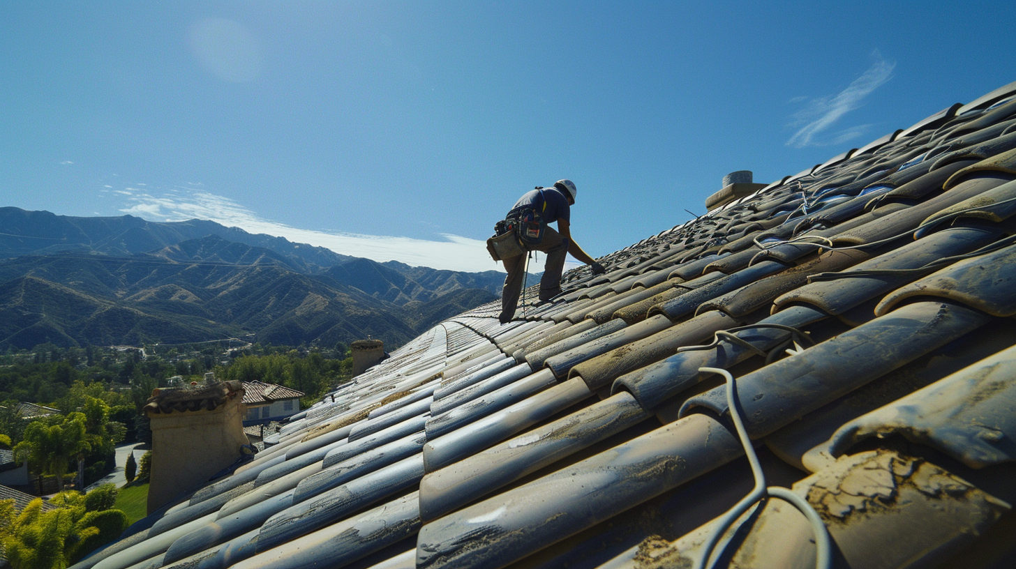 Professional roofer working on tile roof in Conejo Valley with mountain backdrop