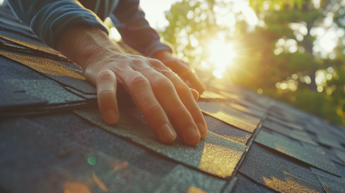 Close-up of professional shingle installation and repair work